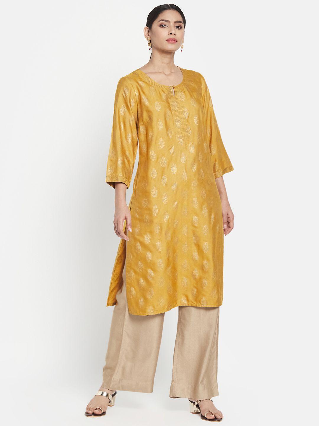 fabindia women mustard yellow & golden ethnic motifs print keyhole neck kurta