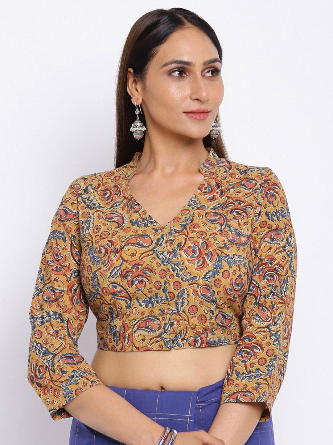 fabindia women mustard yellow & red kalamkari printed cotton saree blouse