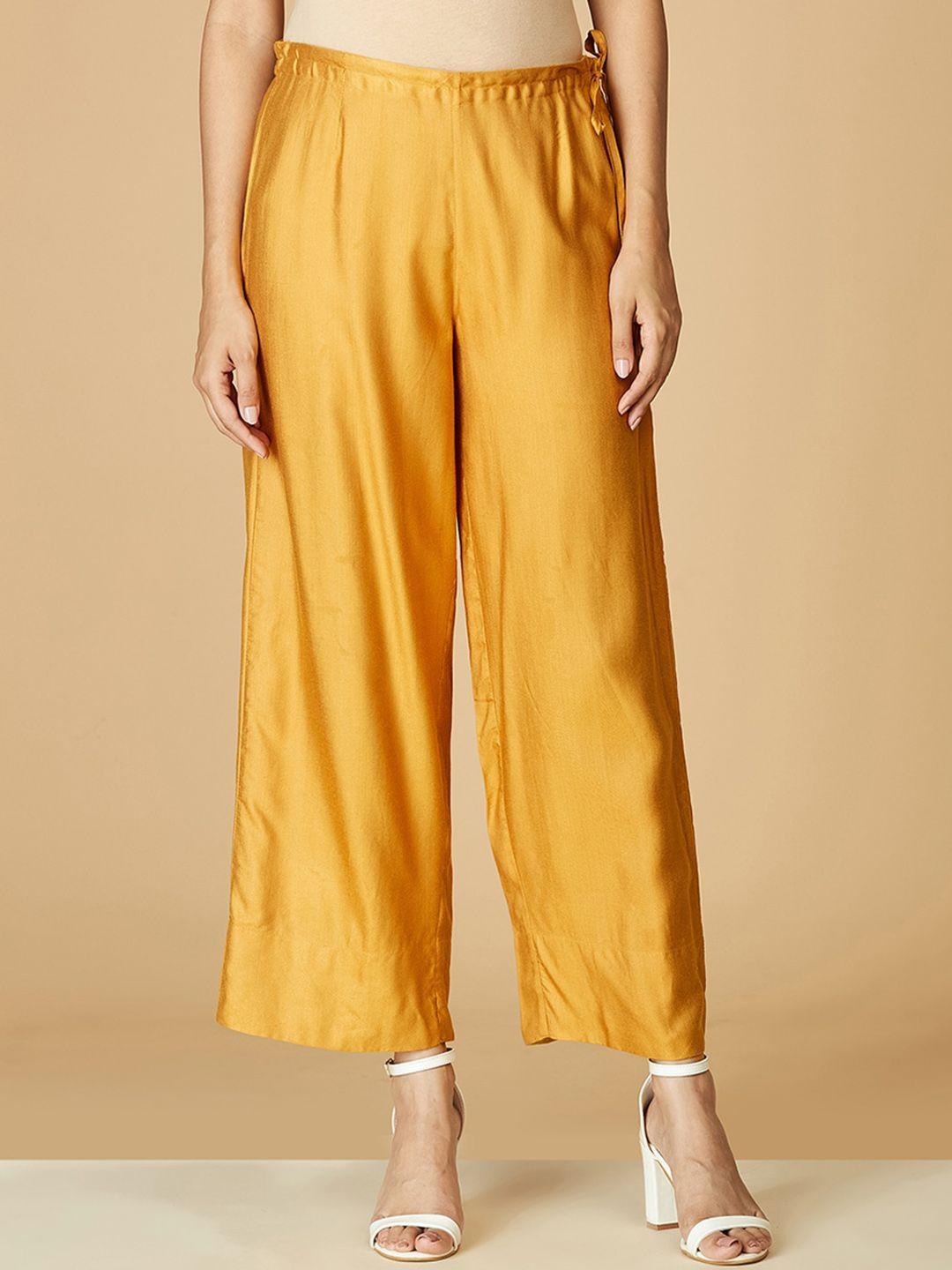 fabindia women mustard yellow comfort straight fit parallel cotton trousers
