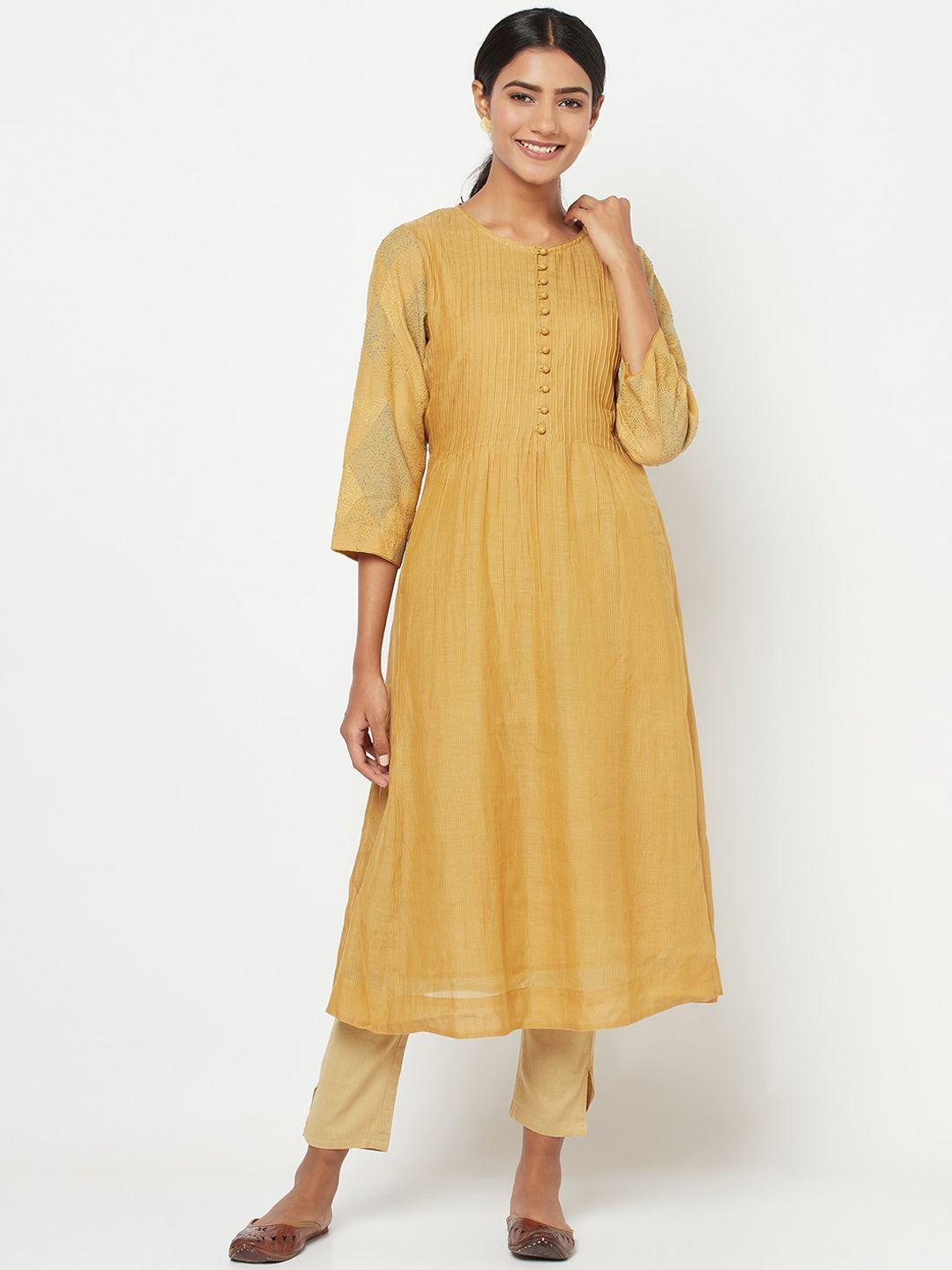 fabindia women mustard yellow embroidered kurta