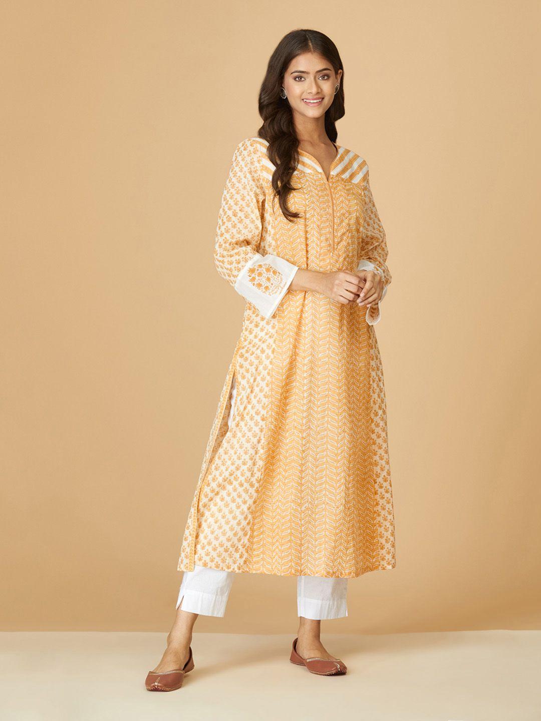 fabindia women mustard yellow ethnic hand block print cotton kurta