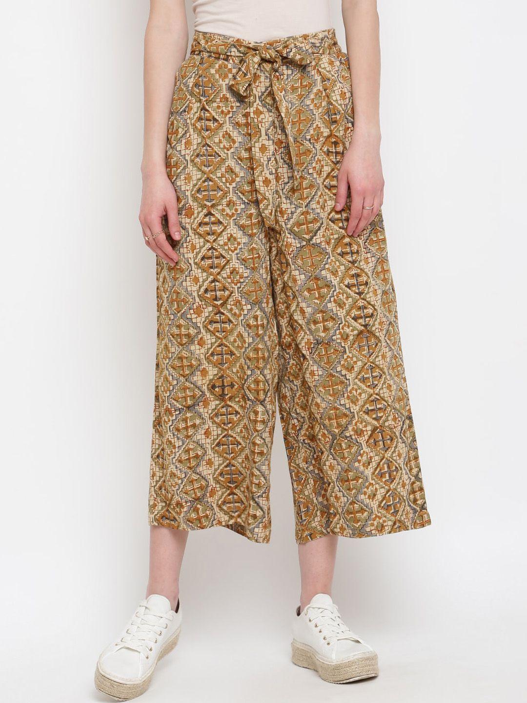 fabindia women mustard yellow ethnic motifs printed culottes trousers