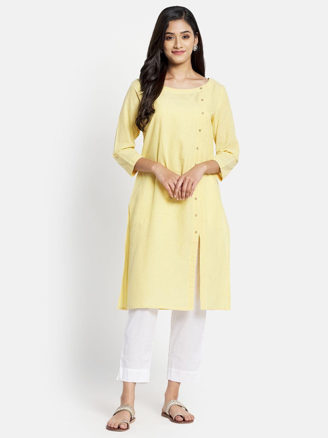 fabindia women mustard yellow pure cotton boat neck striped long kurta