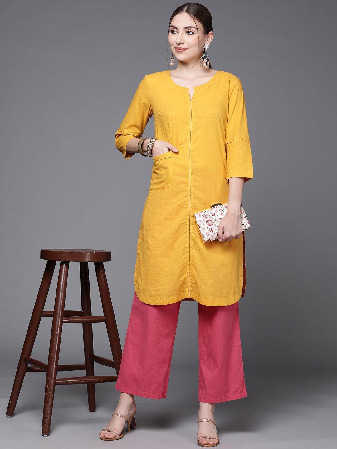 fabindia women mustard yellow pure cotton straight knee length kurta