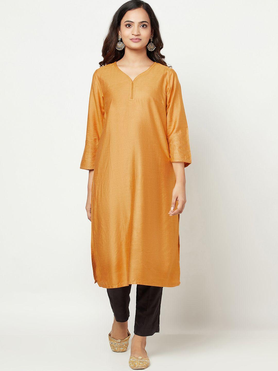 fabindia women mustard yellow solid a-line kurta