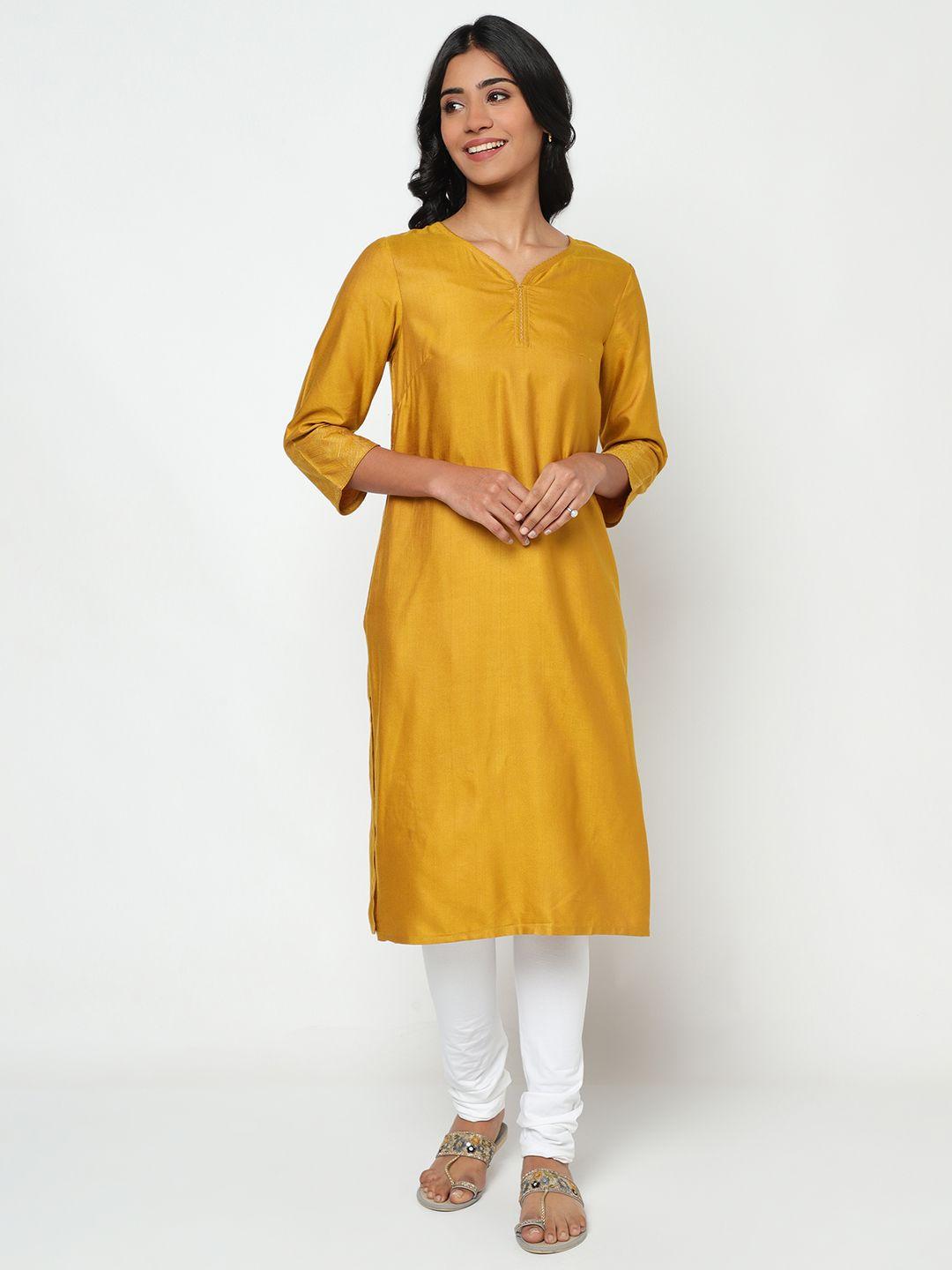 fabindia women mustard yellow solid straight kurta