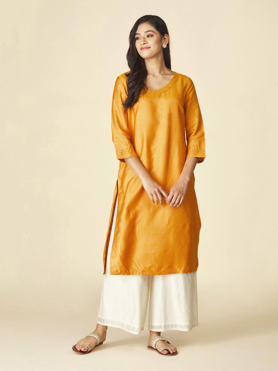 fabindia women mustard yellow solid straight kurta