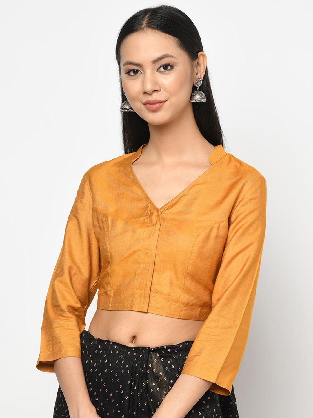 fabindia women mustard yellow solid woven cotton saree blouse