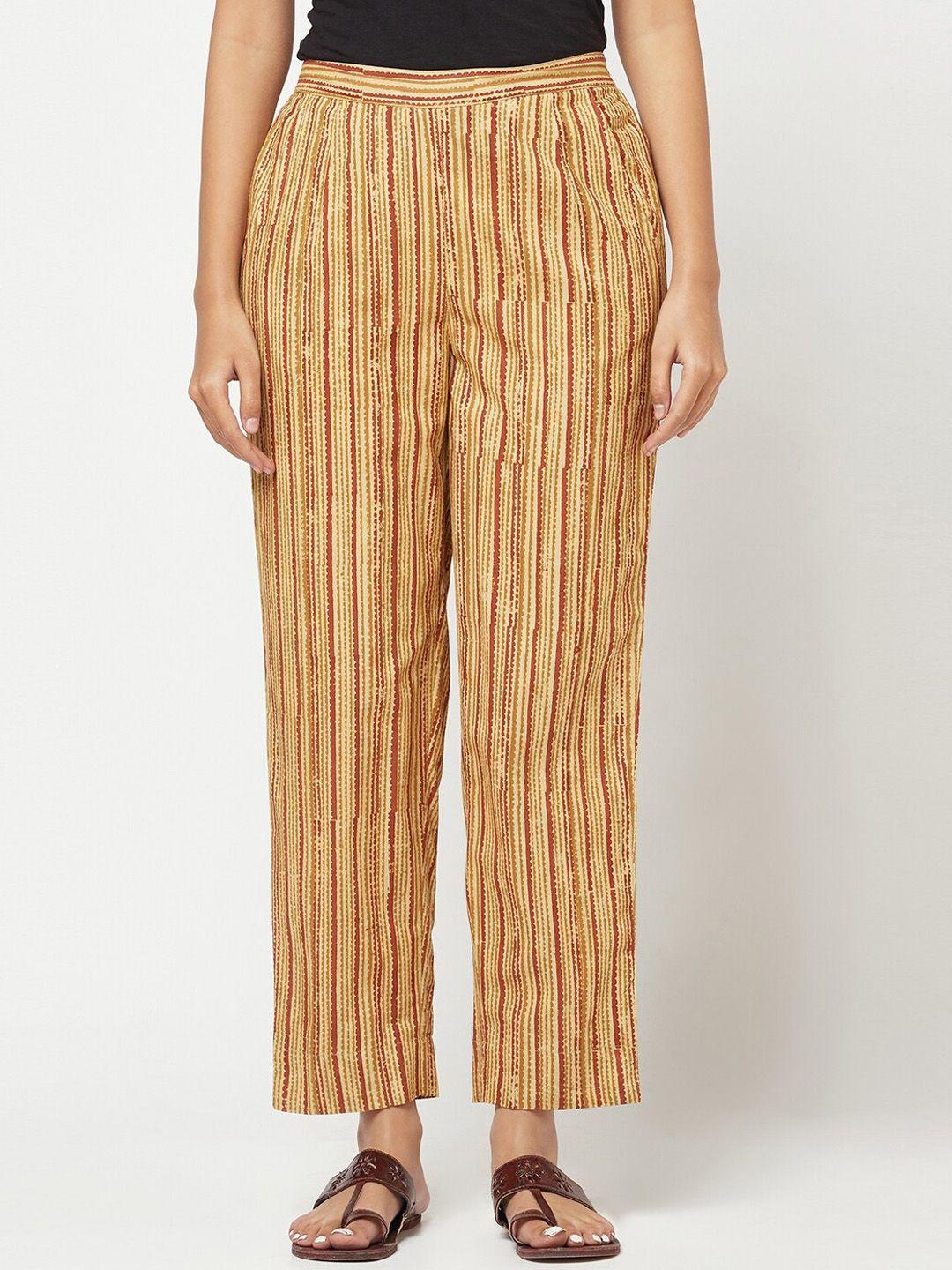 fabindia women mustard yellow striped trousers