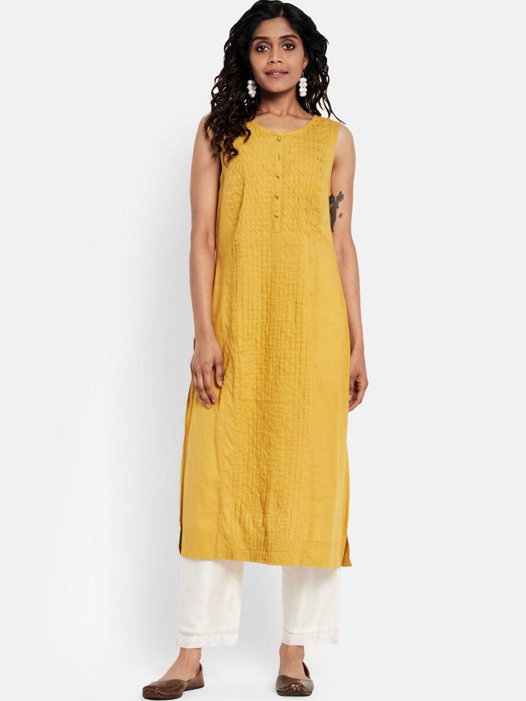 fabindia women mustard yellow thread work cotton kurta