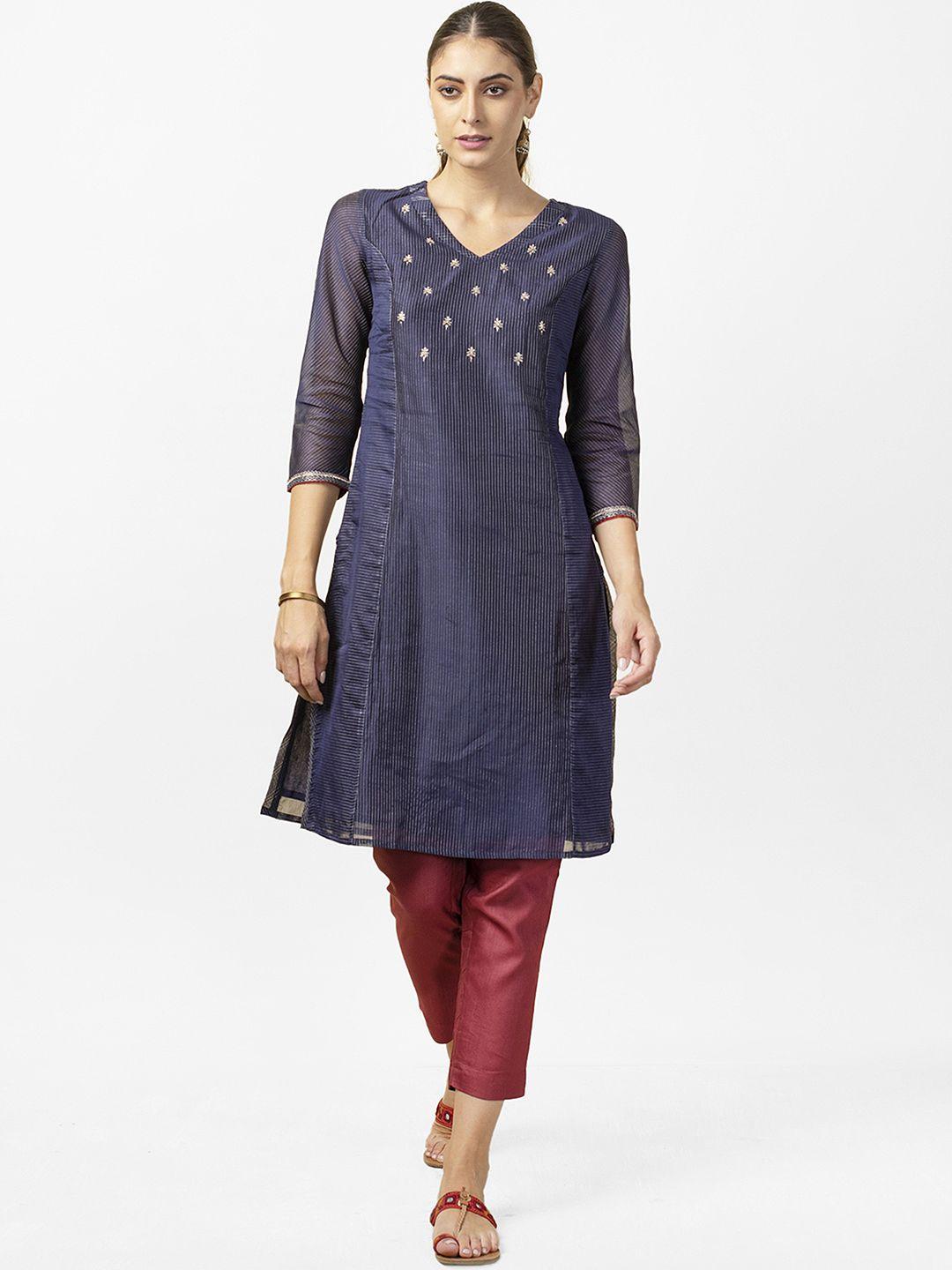 fabindia women navy blue & golden striped slim fit straight kurta