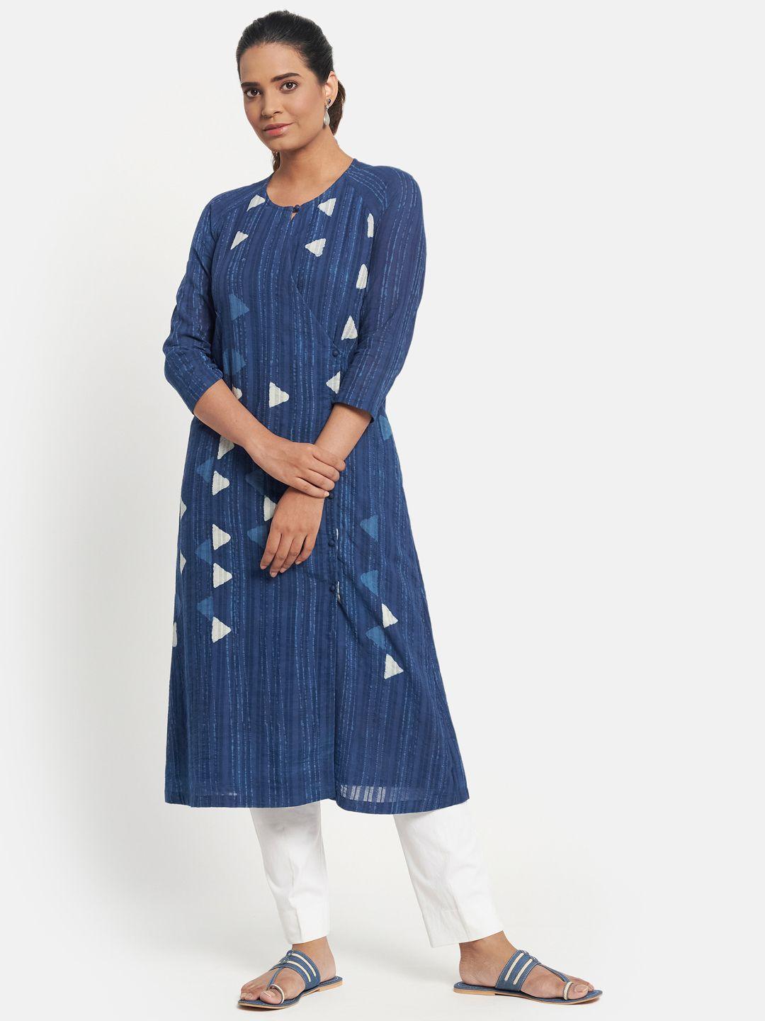 fabindia women navy blue & off white printed pure cotton angrakha kurta