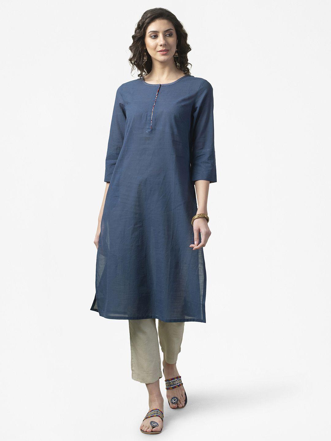 fabindia women navy blue pure cotton solid straight kurta