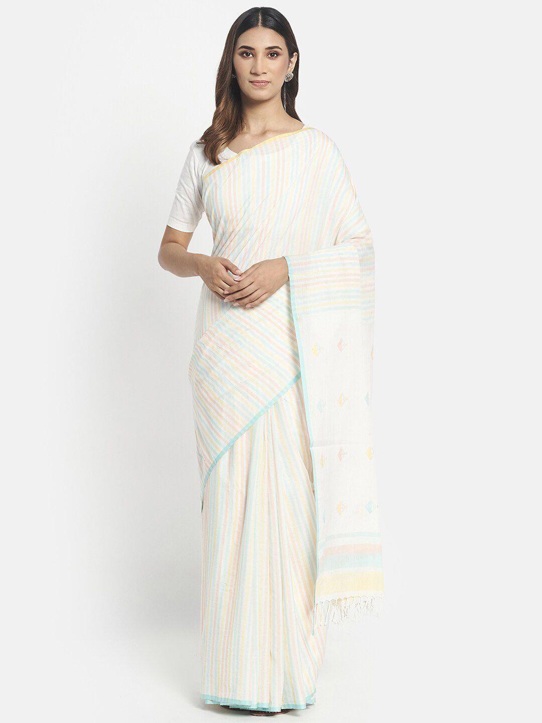 fabindia women off white & blue striped pure cotton jamdani saree