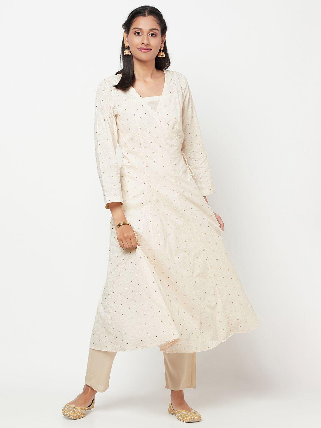 fabindia women off white & godlen motifs print cotton mukaish anarkali angrakha kurta