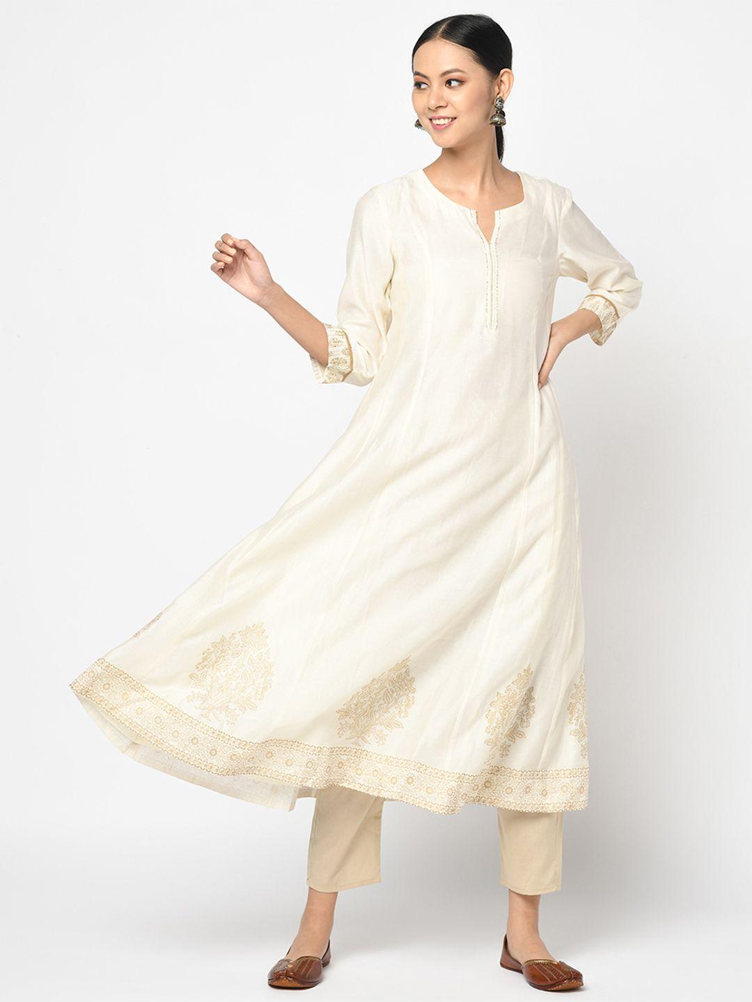 fabindia women off white & golden ethnic motifs hand block printed anarkali kurta