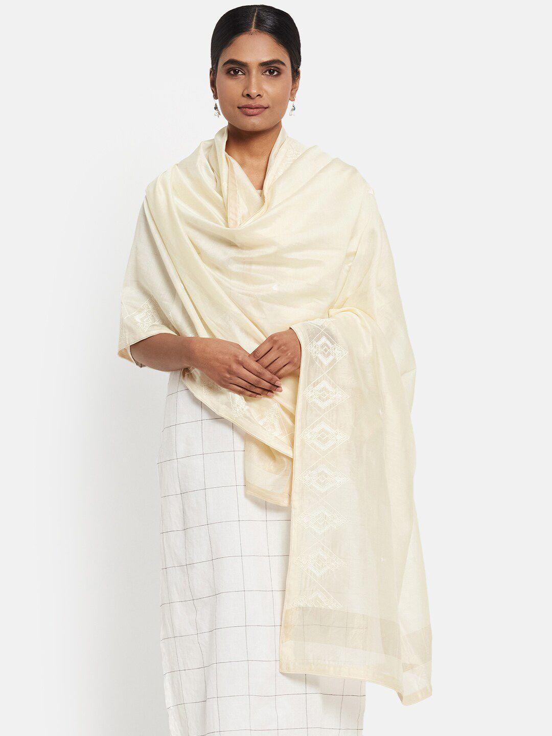 fabindia women off white embroidered cotton silk dupatta