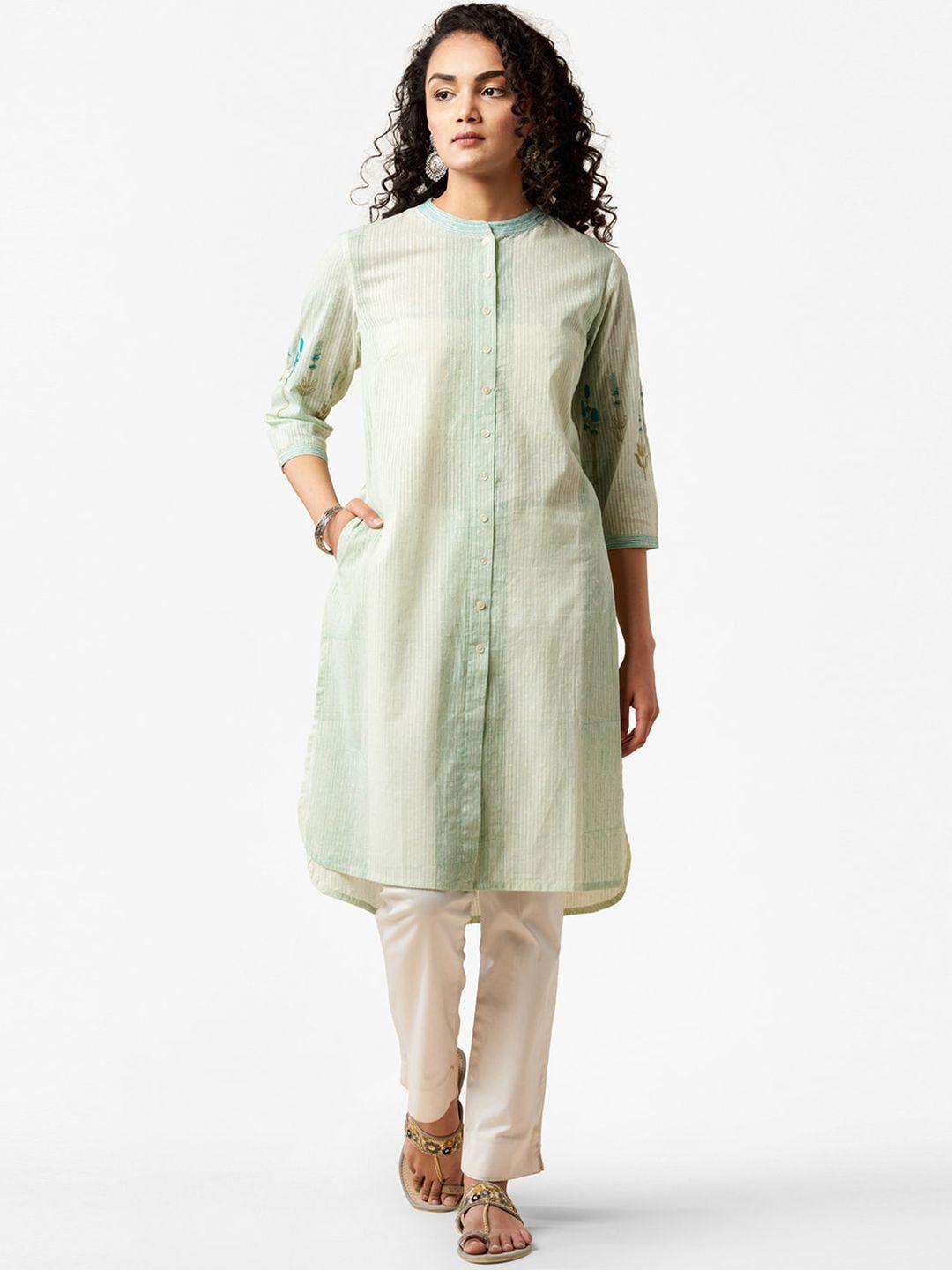 fabindia women off white striped thread work dobby kurta