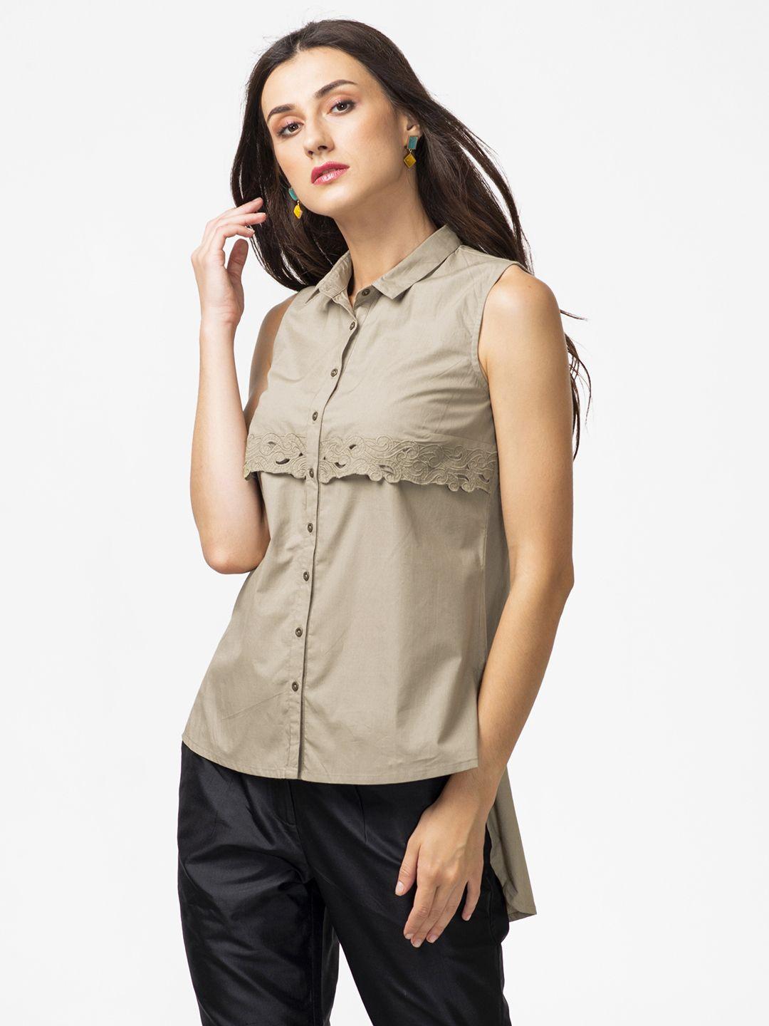 fabindia women olive green pure cotton regular fit solid casual shirt