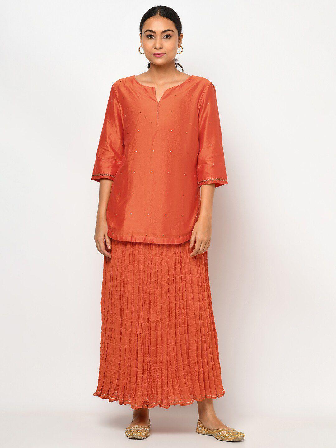 fabindia women orange printed top with skirt