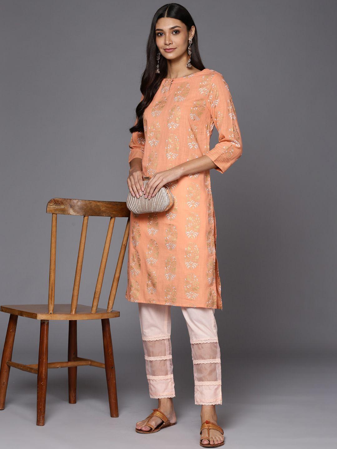 fabindia women peach-coloured & golden pure cotton floral print kurta