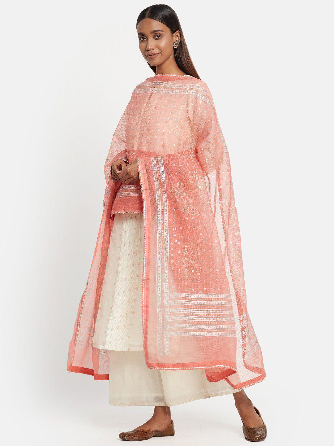 fabindia women peach-coloured & silver-toned ethnic motifs printed cotton silk dupatta