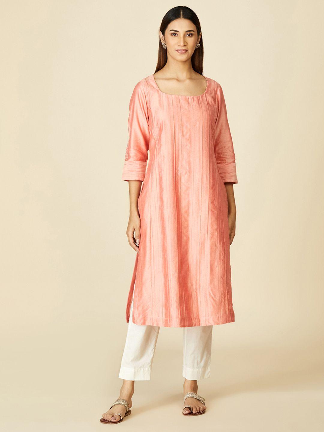 fabindia women peach-coloured cotton silk scoop neck pintucks straight kurta