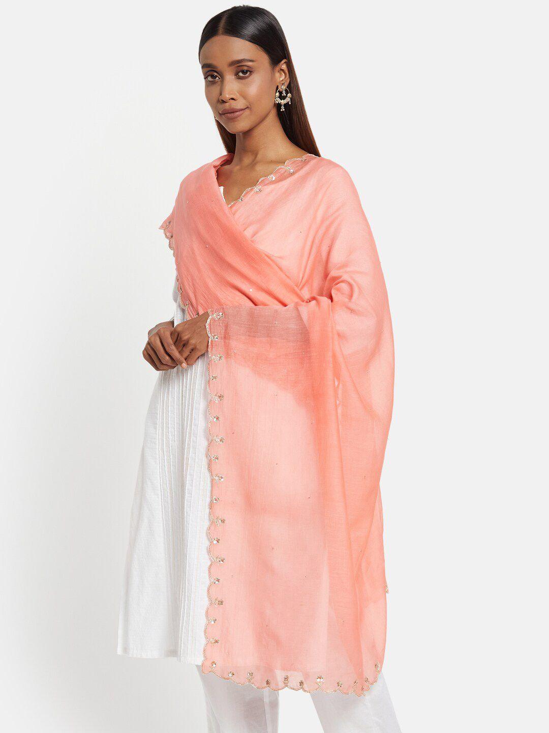 fabindia women peach embroidered cotton silk dupatta