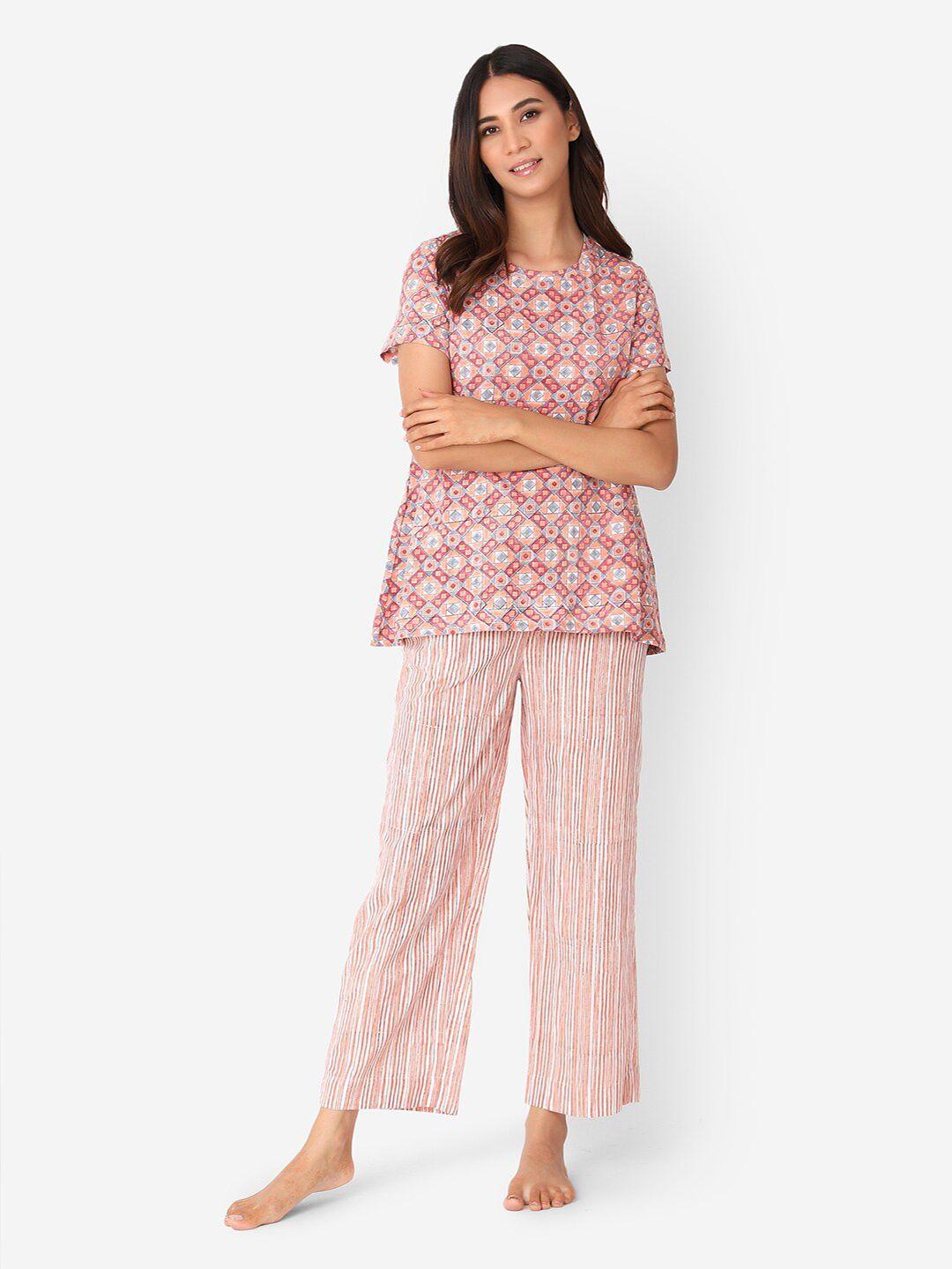 fabindia women pink & blue pure cotton printed top with pyjamas