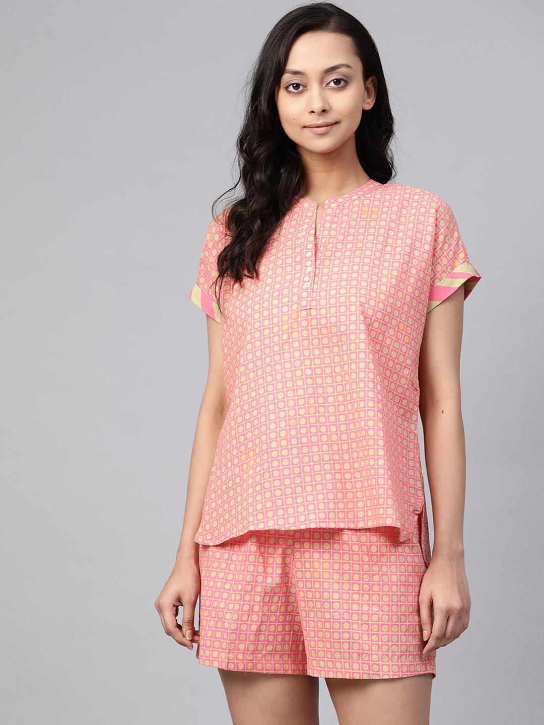 fabindia women pink & green printed night suit