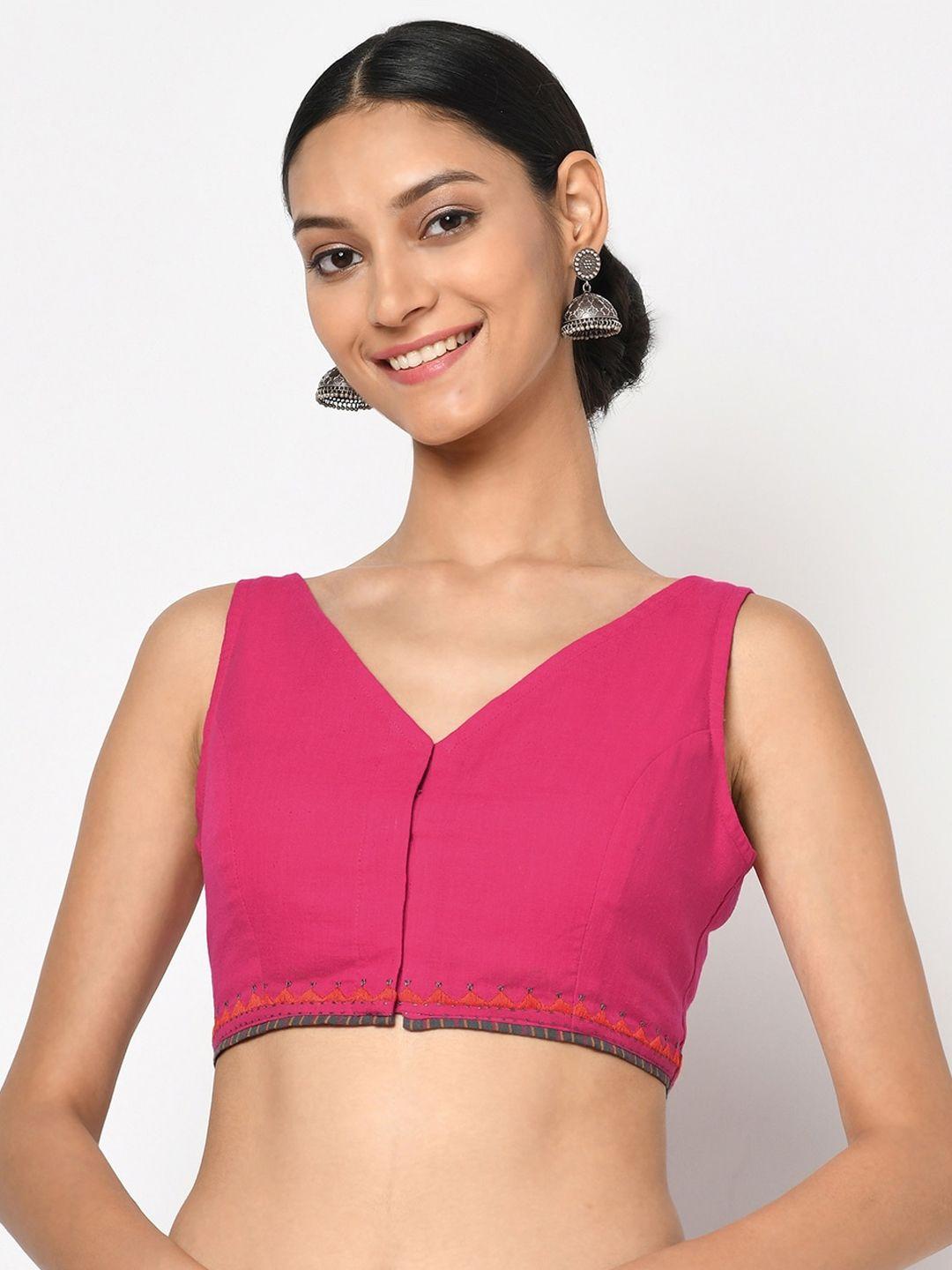 fabindia women pink & red embroidered cotton saree blouse