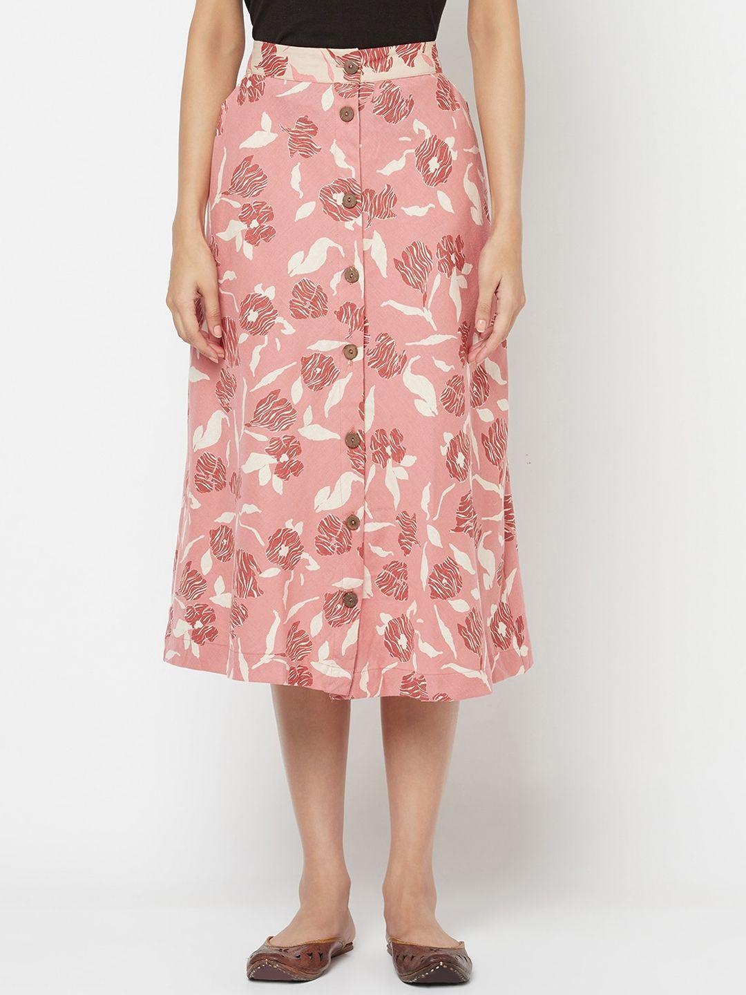 fabindia women pink & white printed cotton linen midi skirt