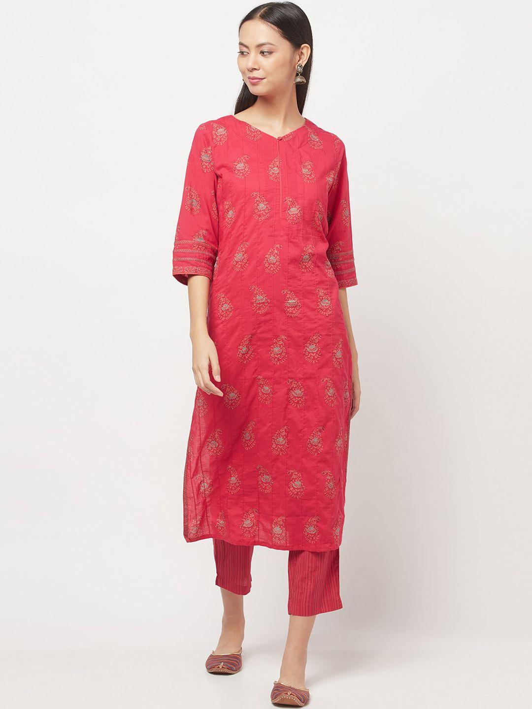 fabindia women pink ethnic motifs printed pure cotton kurta with trousers