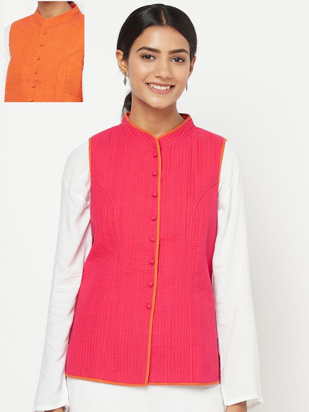 fabindia women pink orange cotton longline reversible open front jacket