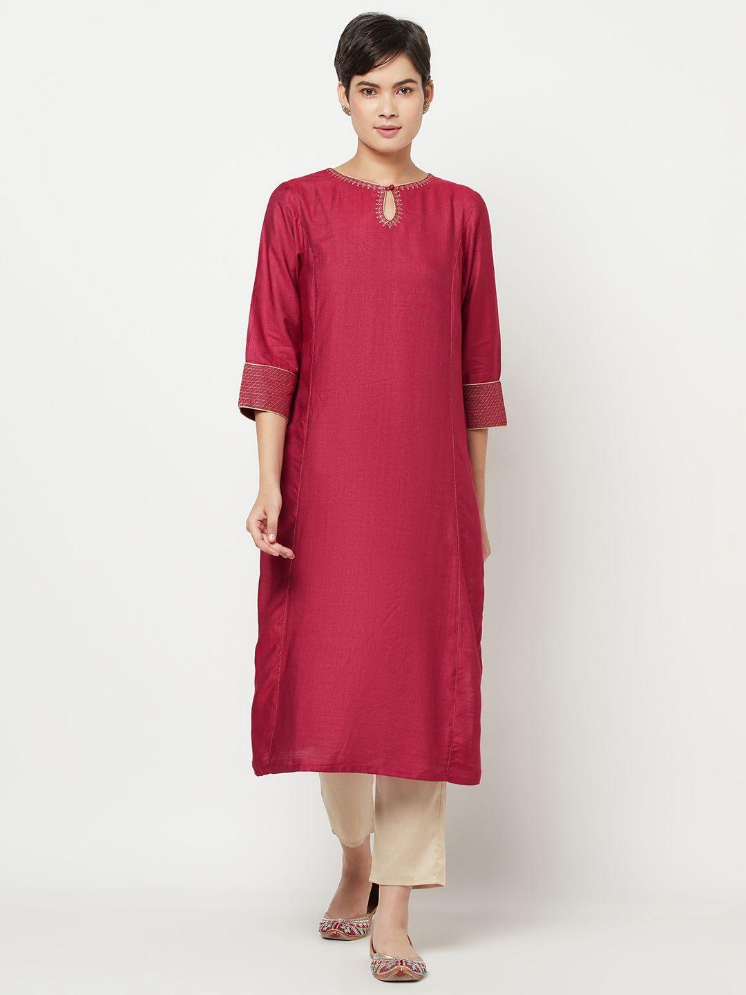 fabindia women pink solid keyhole neck thread work kurta