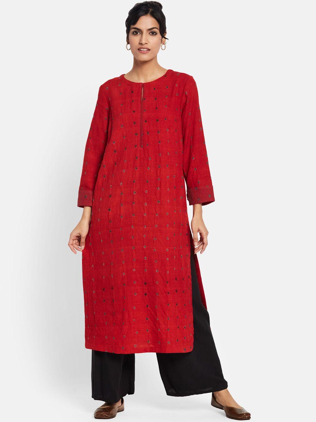 fabindia women red & black geometric printed wool kurta