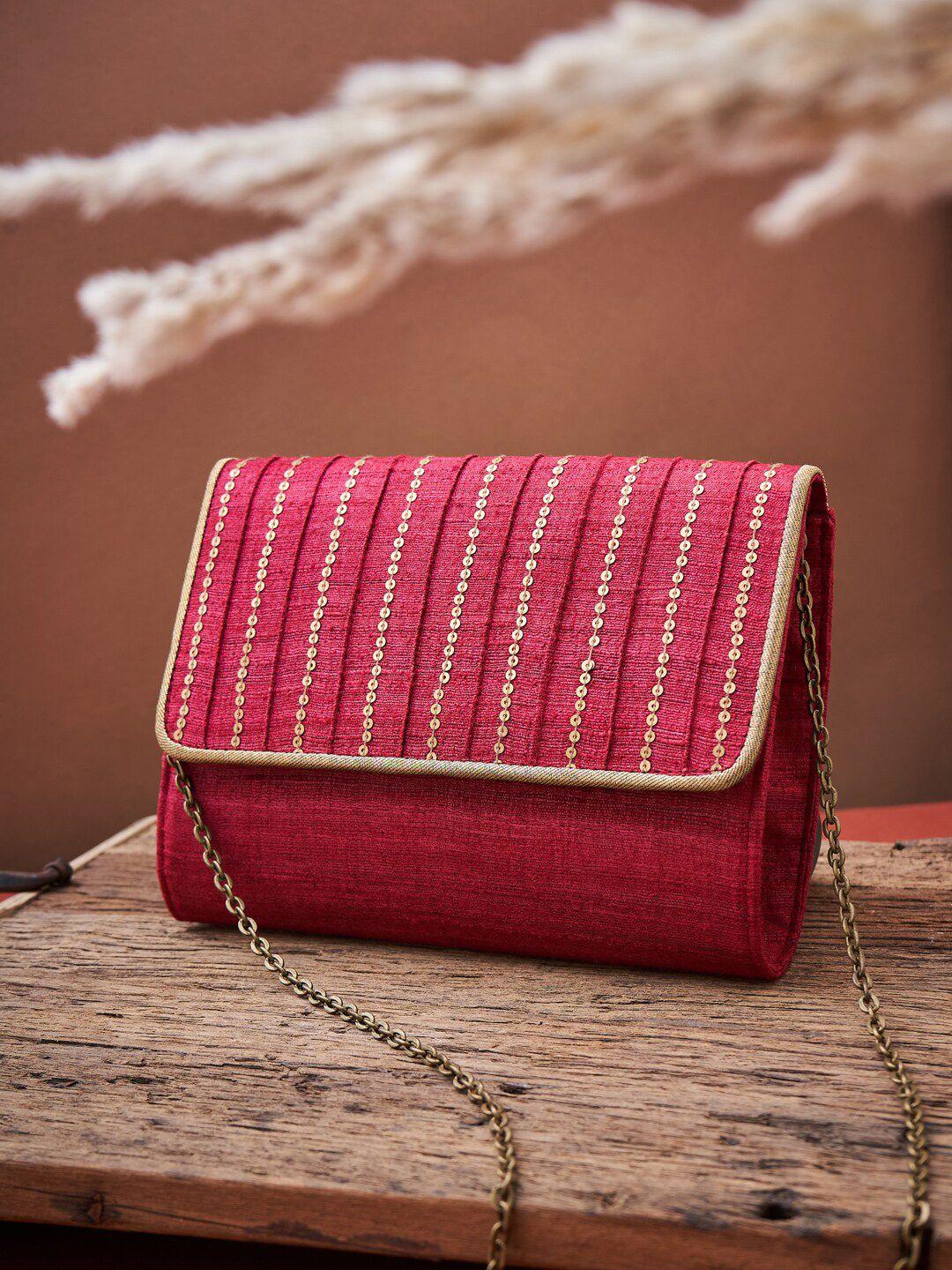 fabindia women red & gold-toned embellished clutch