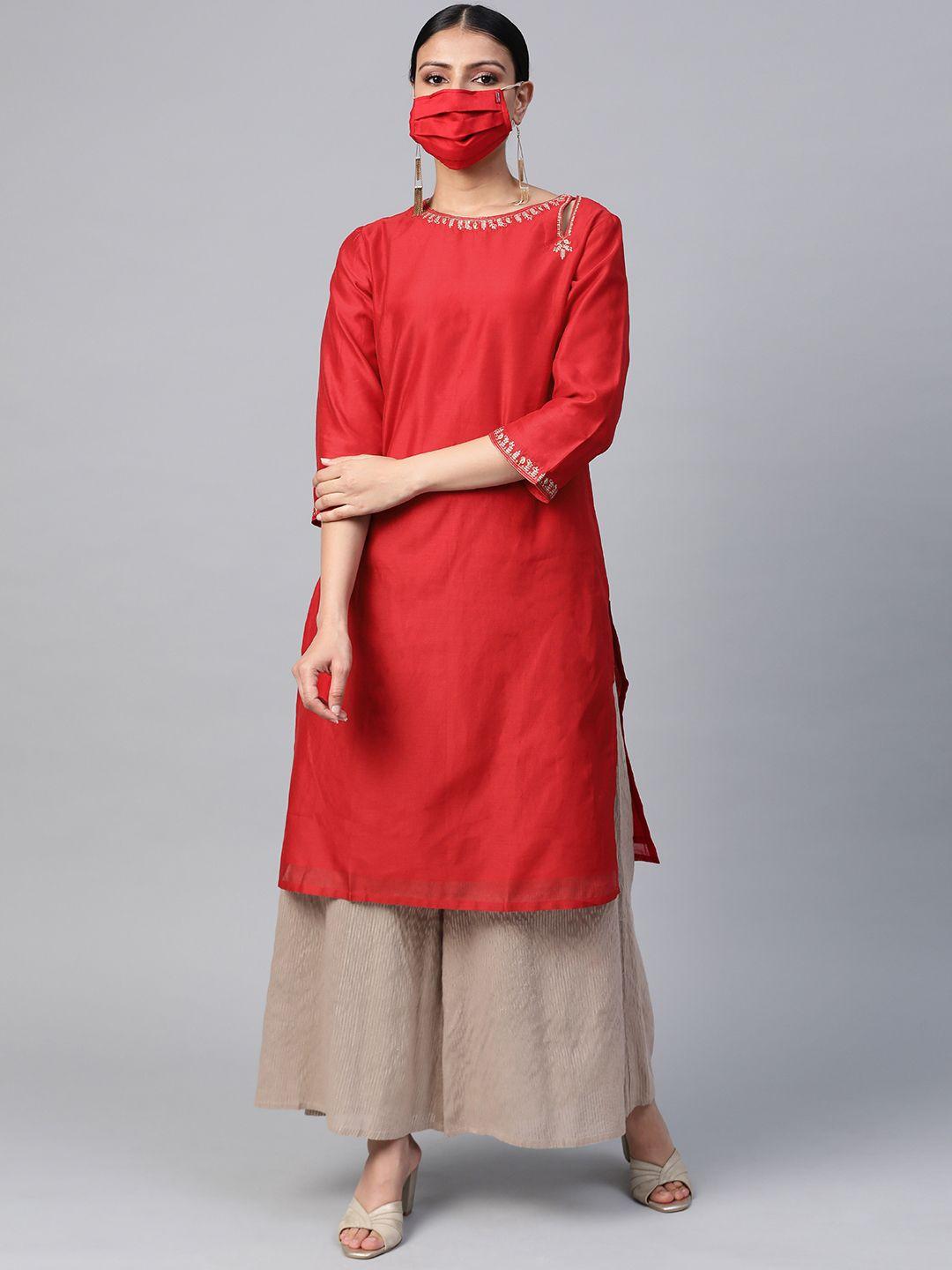 fabindia women red embroidered detail straight kurta