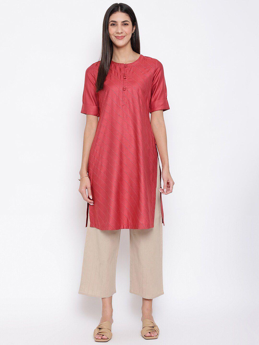 fabindia women red embroidered round neck straight kurta