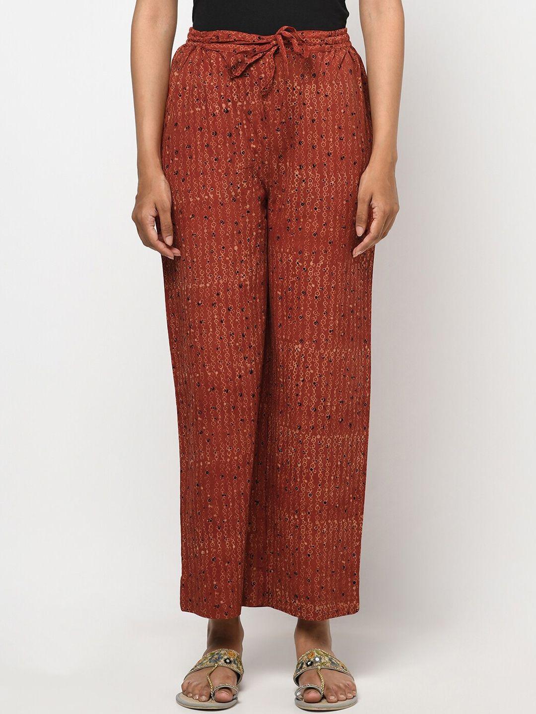fabindia women red ethnic motifs printed parallel trousers