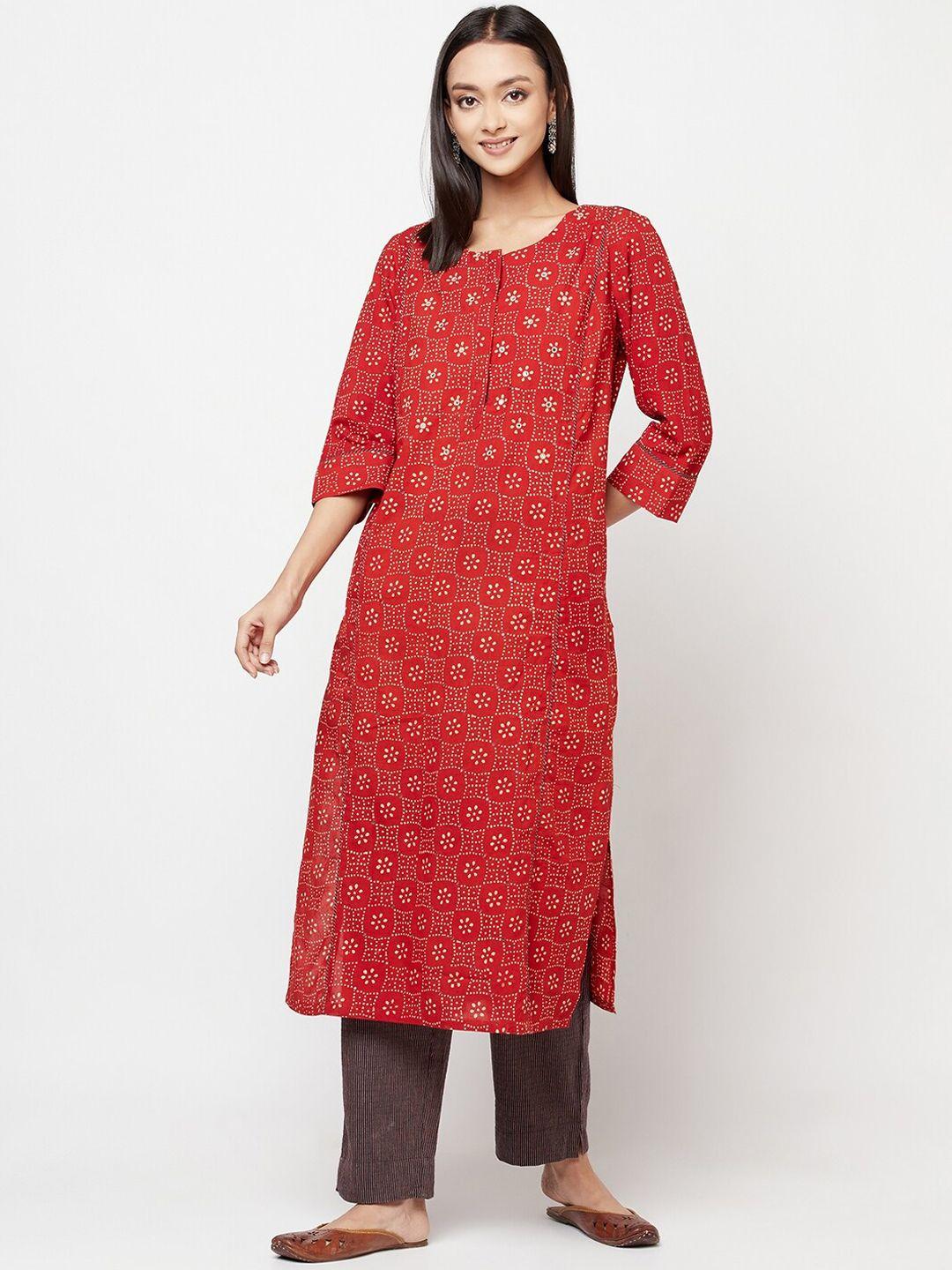 fabindia women red floral printed panelled mirror work pure cotton kurta with trousers
