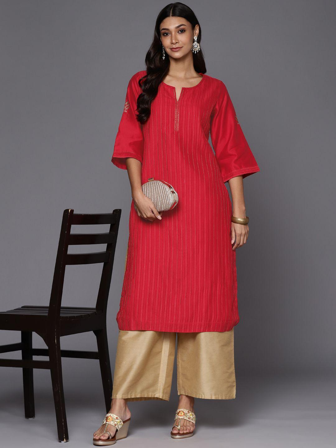 fabindia women red pintucks detail cotton silk flared sleeves straight kurta