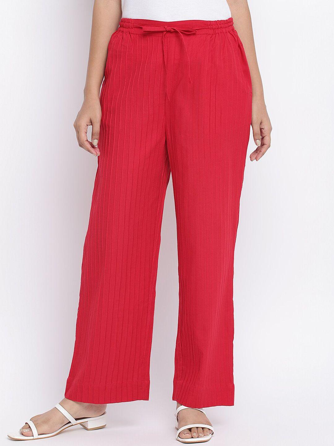 fabindia women red striped easy wash trousers