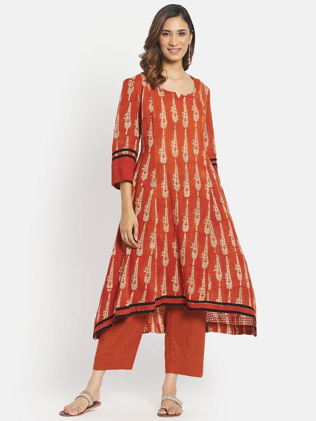 fabindia women rust ethnic motifs printed pure cotton kurta with trousers