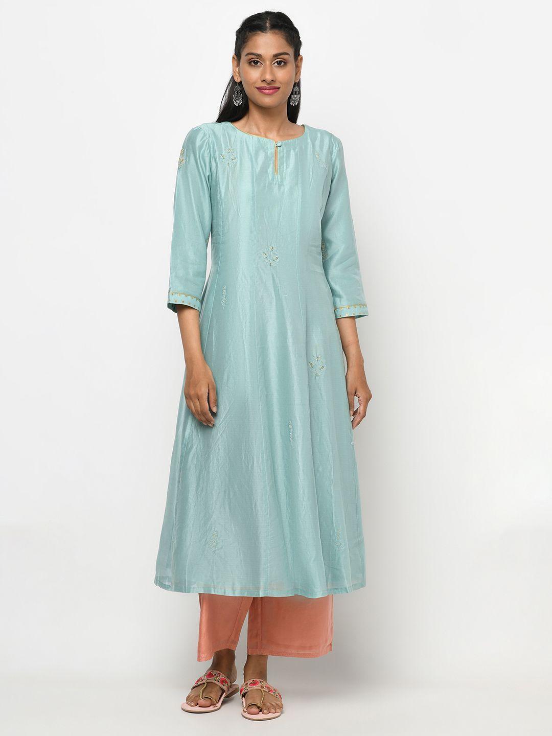 fabindia women sea green embroidered detail anarkali kurta