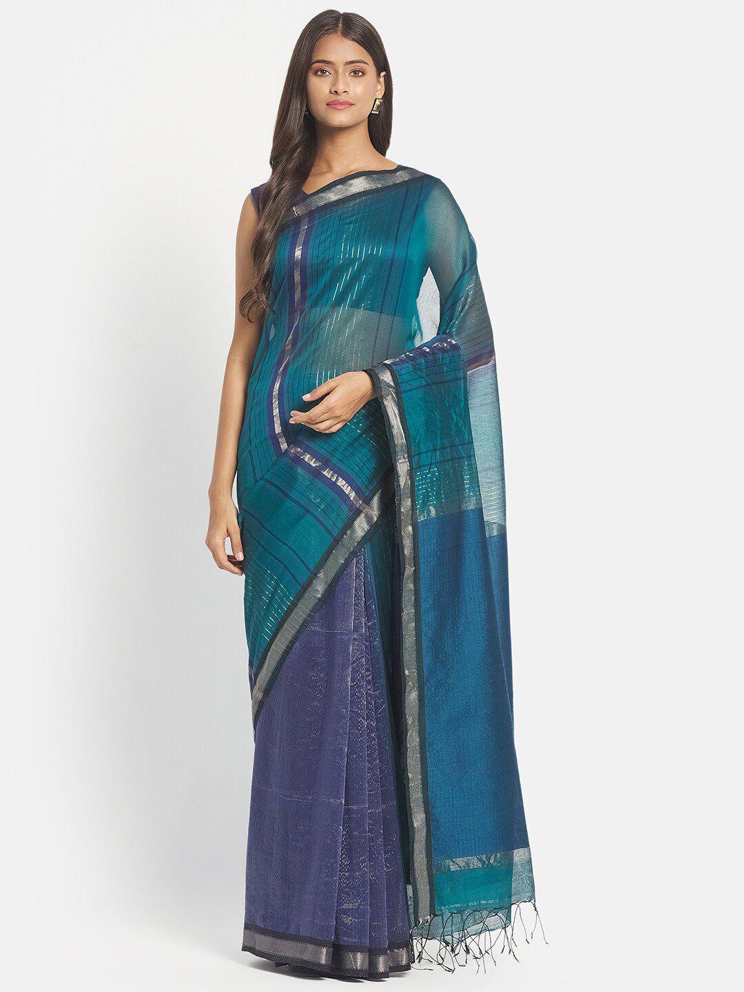 fabindia women teal & gold-toned striped zari silk cotton jamdani saree