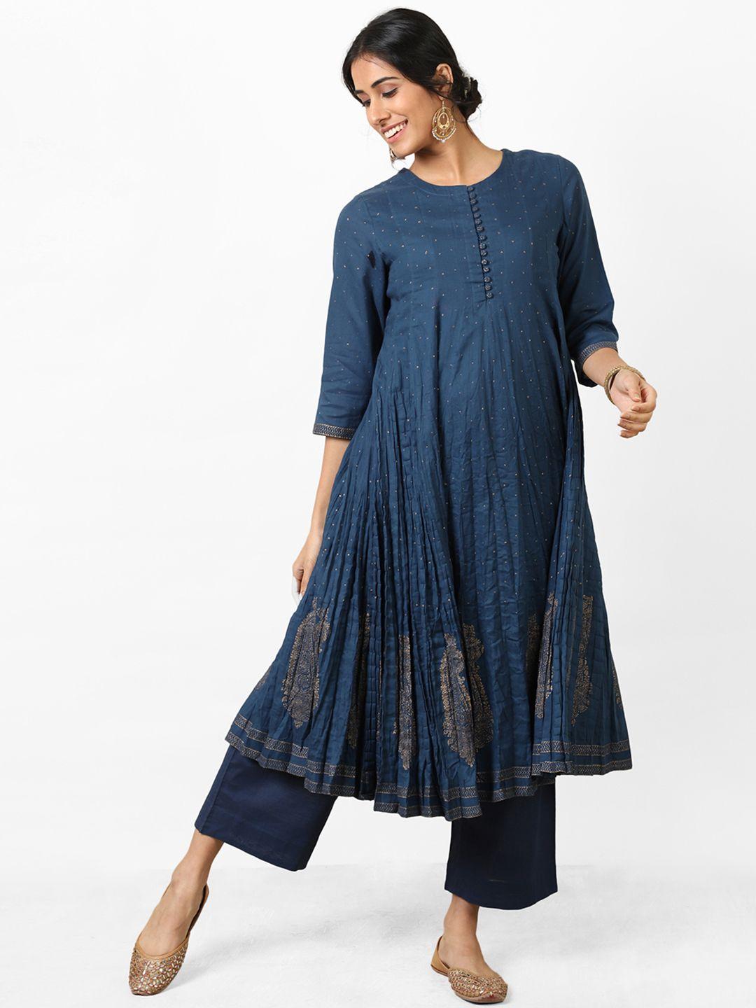 fabindia women teal blue & golden dobby hand block printed crinkled kurta with palazzos