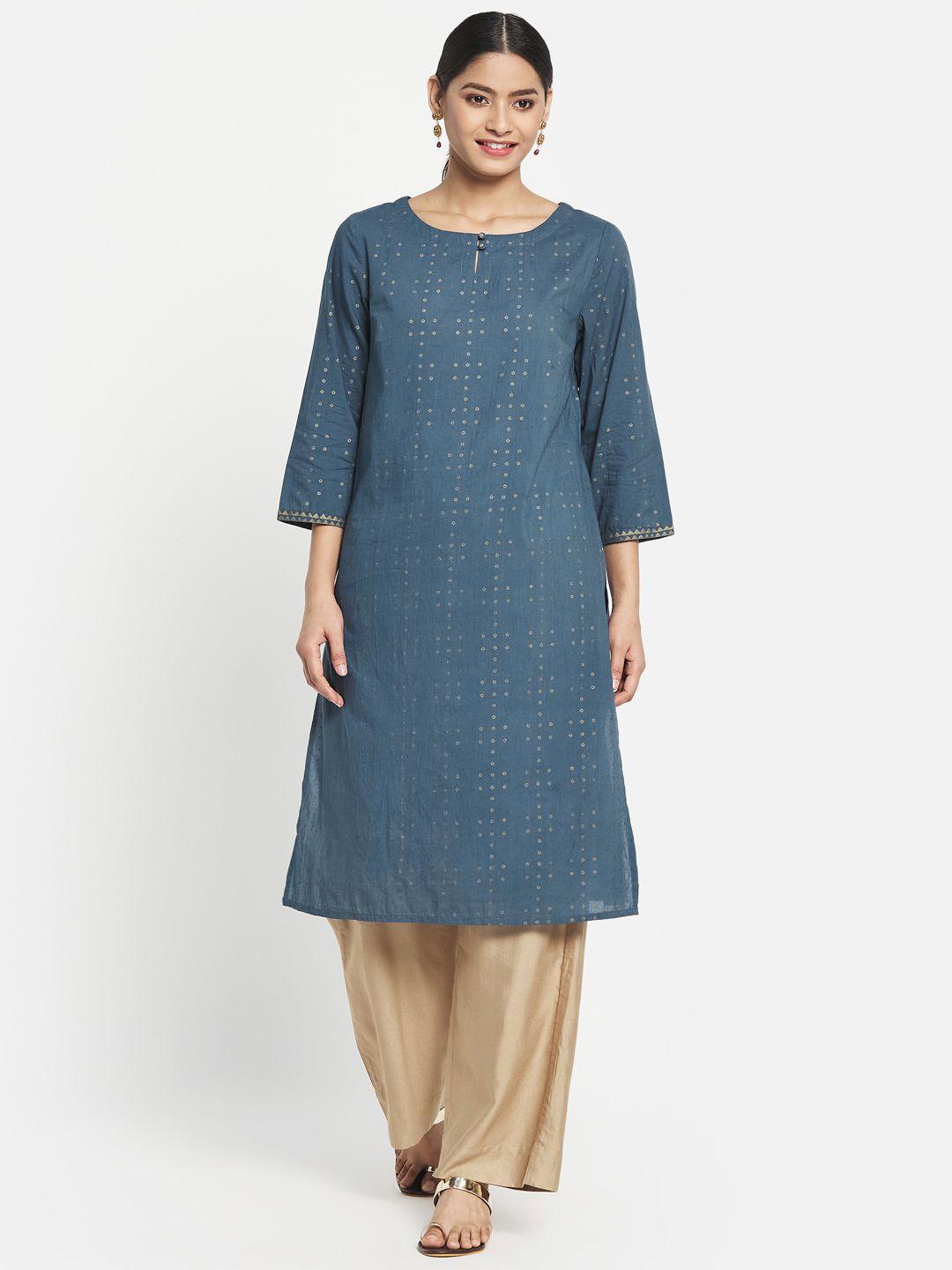 fabindia women teal blue & golden ethnic motifs printed pure cotton kurta