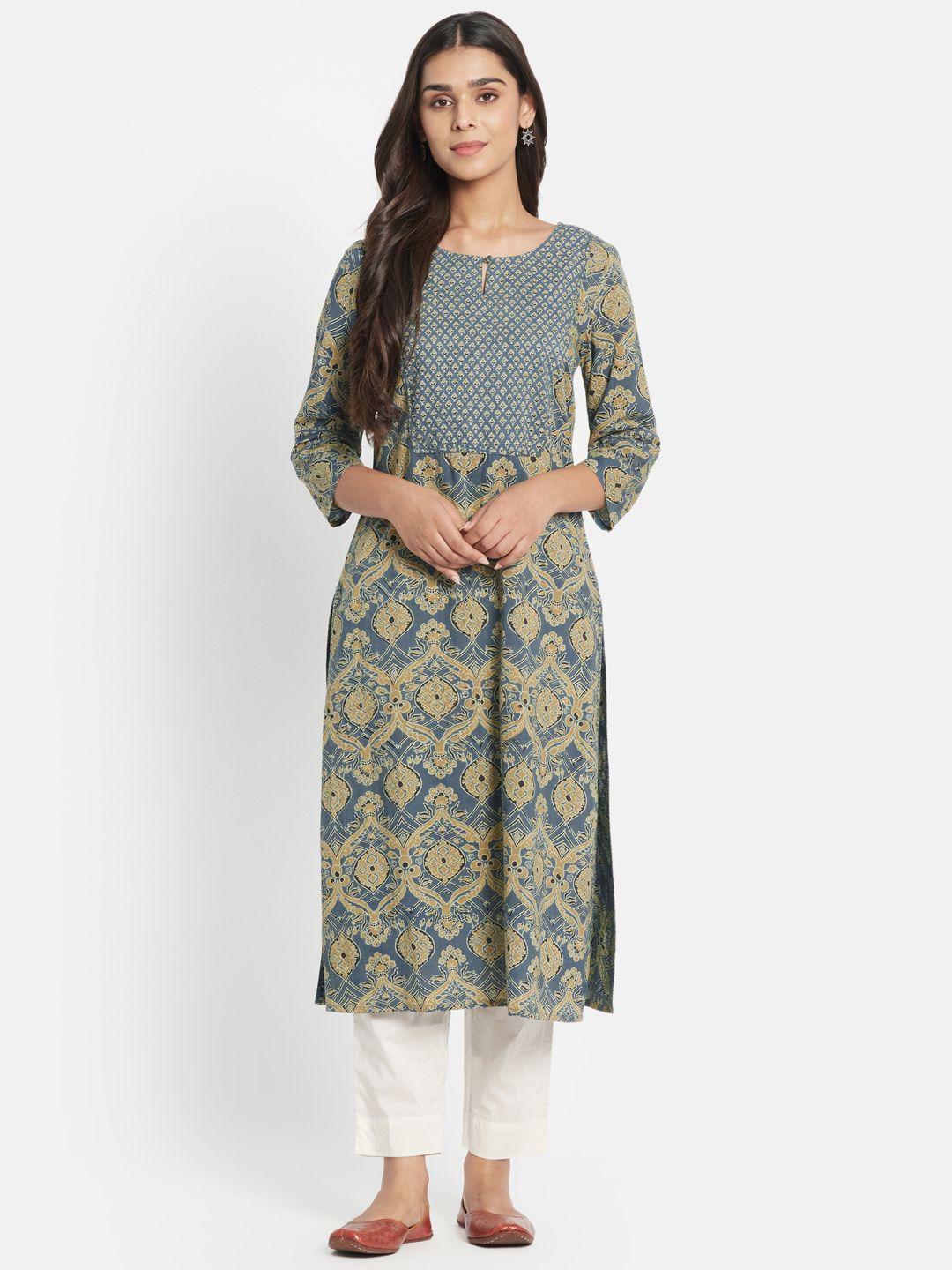 fabindia women teal blue & olive green pure cotton slim fit handblock print straight kurta