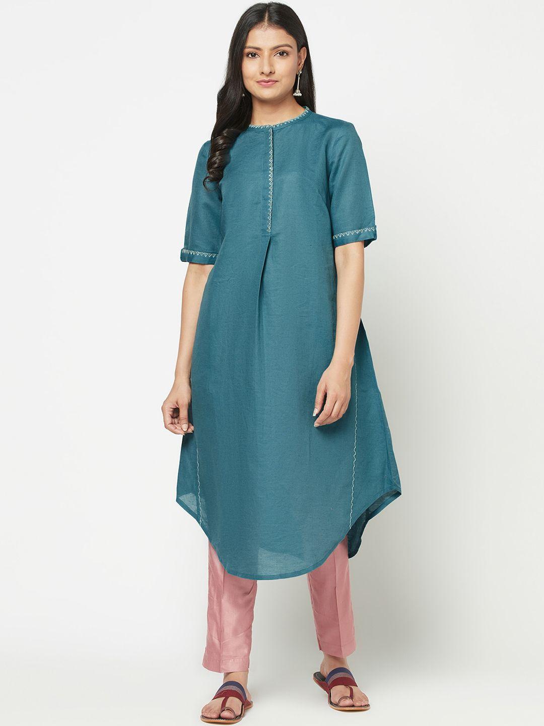 fabindia women teal blue thread work linen cotton kurta